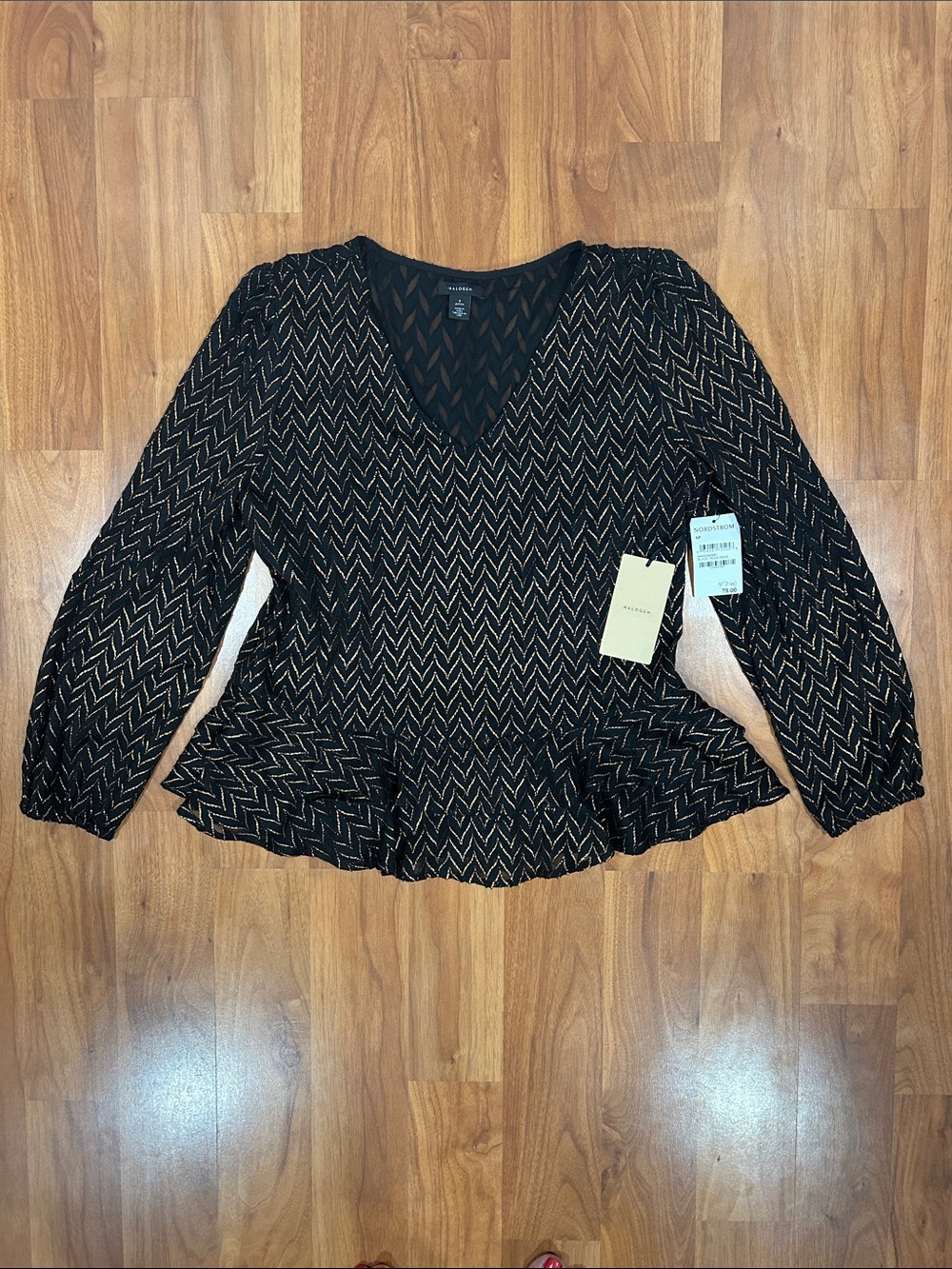 Halogen Black V-Neck Peplum Top with Gold Chevron Accent